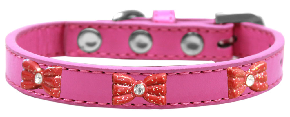 Red Glitter Bow Widget Dog Collar Bright Pink Size 18